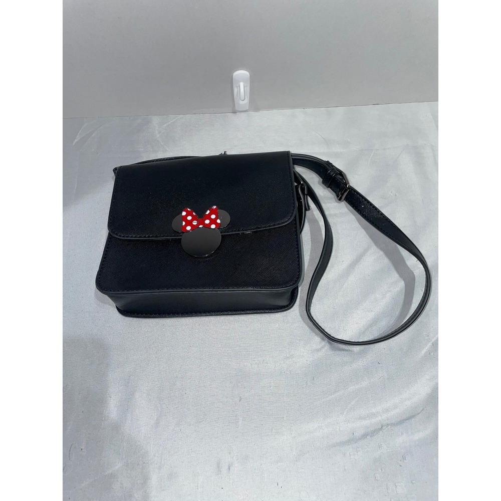 Disney Minnie Mouse Black Saffiano Faux Leather Crossbody Bag Polka‎ Dot Bow